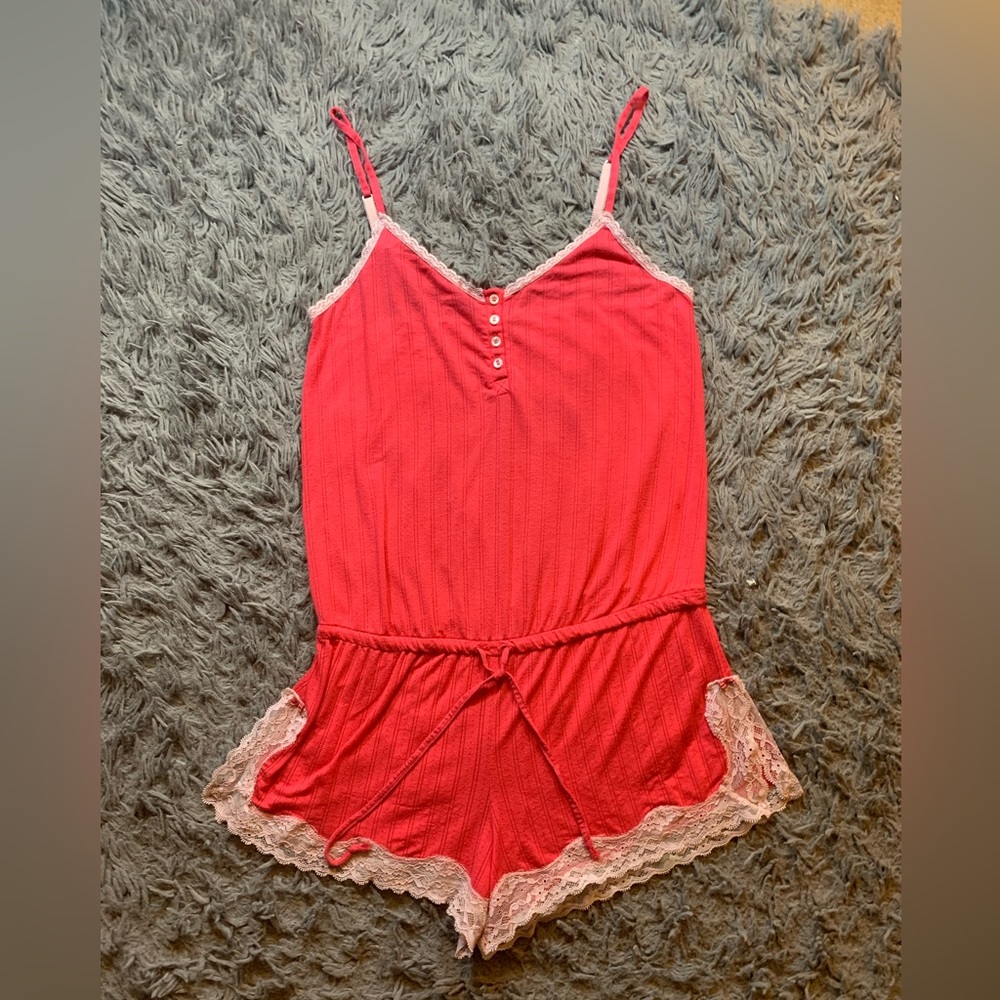 Hot pink and white lace Victoria's Secret pointelle drawstring romper sz XS